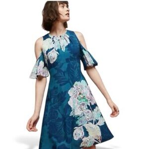 Maeve Anthropologie Elia Floral Print Cold Open Shoulder Dress Size 8 Teal Blue
